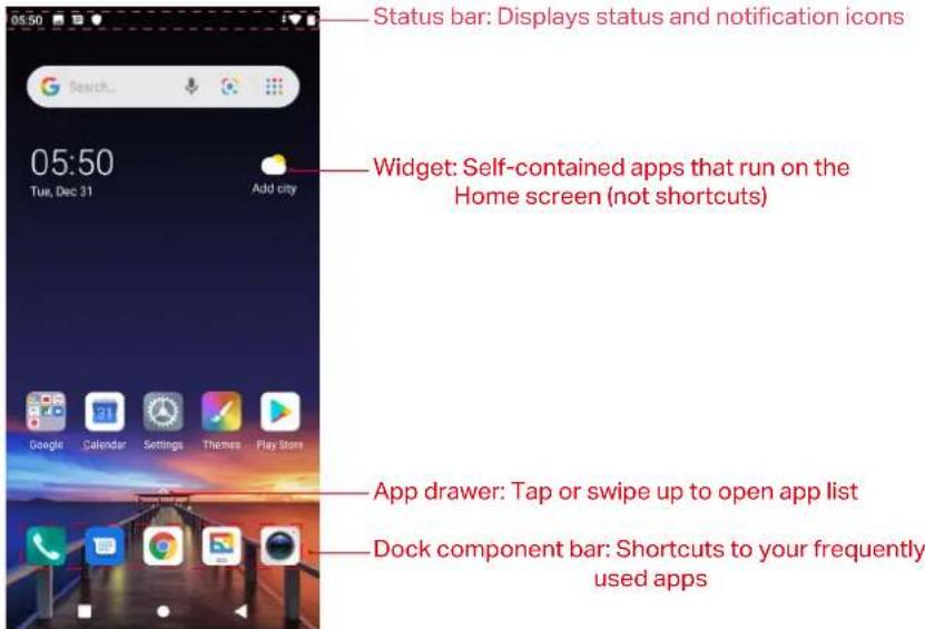 05:50 Search... 05:50 Tue, Dec 31 Add city Google Calendar Settings Themes Play Store App drawer: Tap or swipe up to open app list Dock component bar: Shortcuts to your frequently used apps