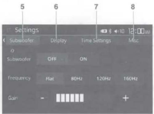 5 6 7 8 Settings Subwoofer Display Time Settings Misc 0 Subwoofer OFF ON Frequency Flat 80Hz 120Hz 160Hz Gain -