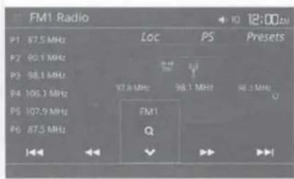 FM1 Radio P1 87.5 MHz P2 90.1 MHz P3 98.1 MHz P4 100.1 MHz P5 107.9 MHz P6 87.5 MHz Loc PS Presets 17.8 MHz 98.1 MHz 98.3 MHz FM1 Q ✓ ►► ►►