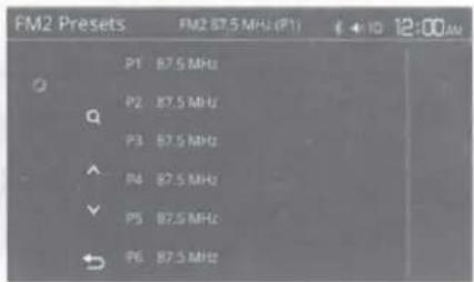 FM2 Presets FM2 87.5 MHz (P1) € ← IO 12:00 AM Q P1 87.5 MHz P2 87.5 MHz P3 87.5 MHz P4 87.5 MHz P5 87.5 MHz P6 87.5 MHz
