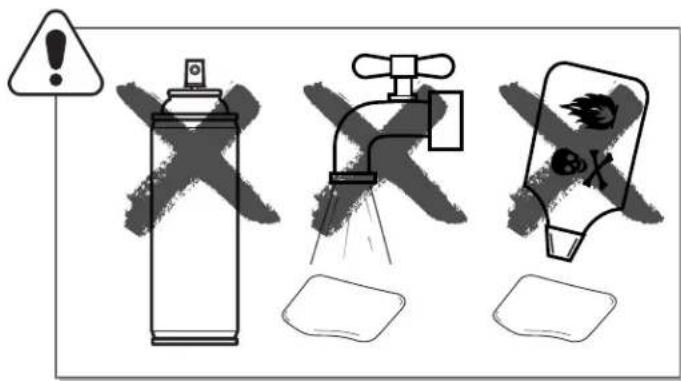 Warning sign with three pictograms: a spray can, a faucet spraying water, and a shield with a warning symbol.