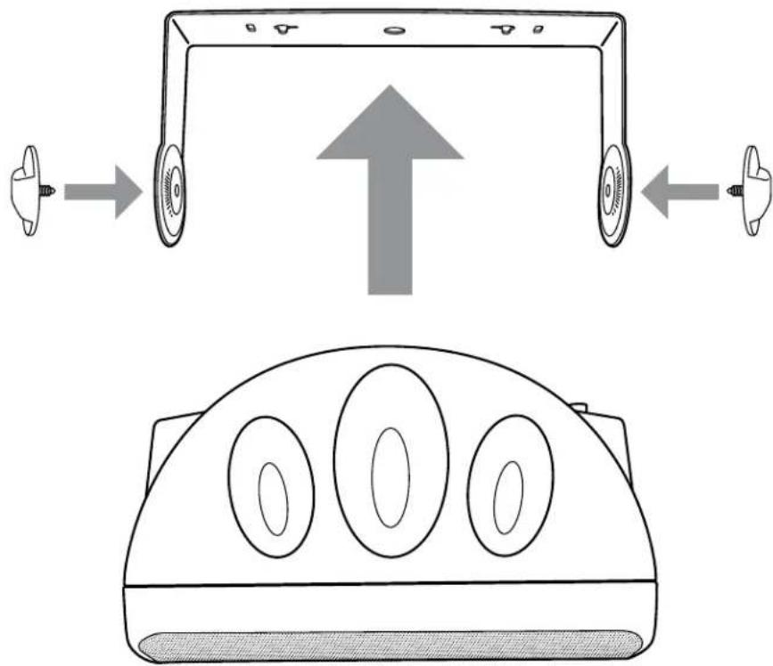 Diagram showing a device with three circular components and an upward arrow, above a top-down view of a multi-chamber device.
