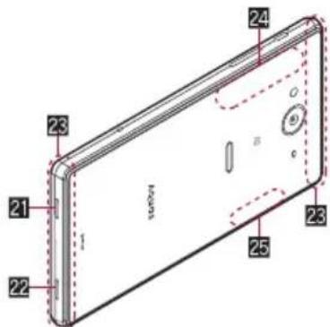 Technical diagram of a smartphone with numbered parts for identification