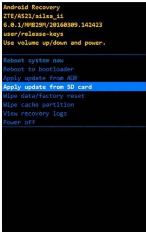 Android Recovery ZTE/A521/ailsa_ii 6.0.1/MMB29M/20160309.142423 user/release-keys Use volume up/down and power. Reboot system now Reboot to bootloader Apply update from ADB Apply update from SD card Wipe data/factory reset Wipe cache partition View recovery logs Power off