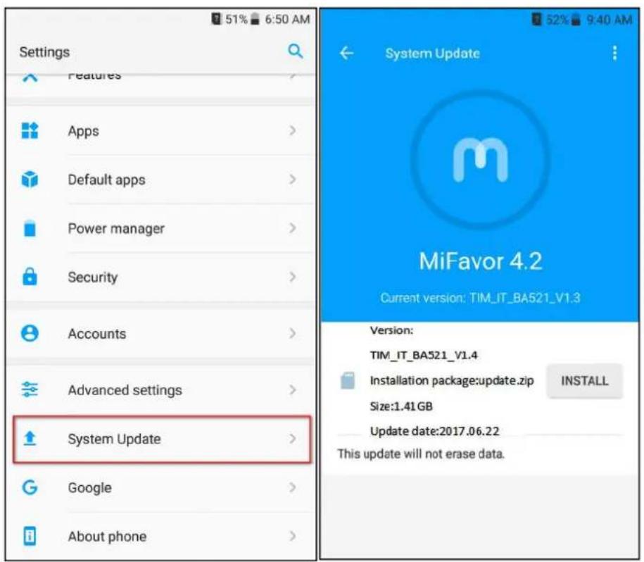 Settings Features Apps Default apps Power manager Security Accounts Advanced settings System Update Google About phone 51% 6:50 AM 52% 9:40 AM ← System Update MiFavor 4.2 Current version: TIM_IT_BA521_V1.3 Version: TIM_IT_BA521_V1.4 Installation package:update.zip INSTALL Size:1.41GB Update date:2017.06.22 This update will not erase data.