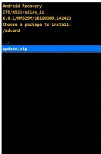Android Recovery ZTE/A521/ailsa_ii 6.0.1/MMB29M/20160309.142423 Choose a package to install: /sdcard .. update.zip
