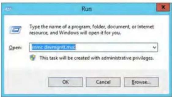 Run Type the name of a program, folder, document, or Internet resource, and Windows will open it for you. Open: mmc.dvmgmt.msc This task will be created with administrative privileges. OK Cancel Browse...
