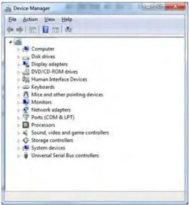 Device Manager File Action View Help Computer Disk drives Display adapters DVD/CD-ROM drives Human Interface Devices Keyboards Mice and other pointing devices Monitors Network adapters Ports (COM & LPT) Processors Sound, video and game controllers Storage controllers System devices Universal Serial Bus controllers
