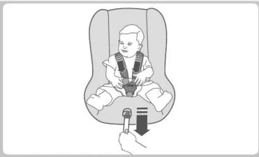 Illustration of a baby wearing a seatbelt inside a car seat, with a hand holding a small device below (no text or symbols)