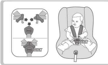 Diagram showing two car seatbelt scenarios: one with a switch and another with a child's seatbelt, both labeled 'CLICK'.