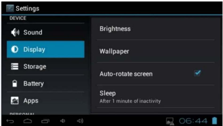 Settings DEVICE Sound Display Storage Battery Apps PERSONAL Brightness Wallpaper Auto-rotate screen Sleep After 1 minute of inactivity 06:44