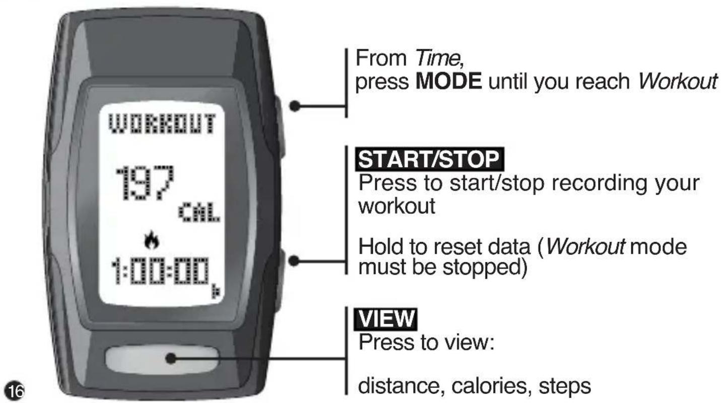 From Time, press MODE until you reach Workout WORKOUT 197 CAL 1:00:00 START/STOP Press to start/stop recording your workout Hold to reset data (Workout mode must be stopped) VIEW Press to view: distance, calories, steps