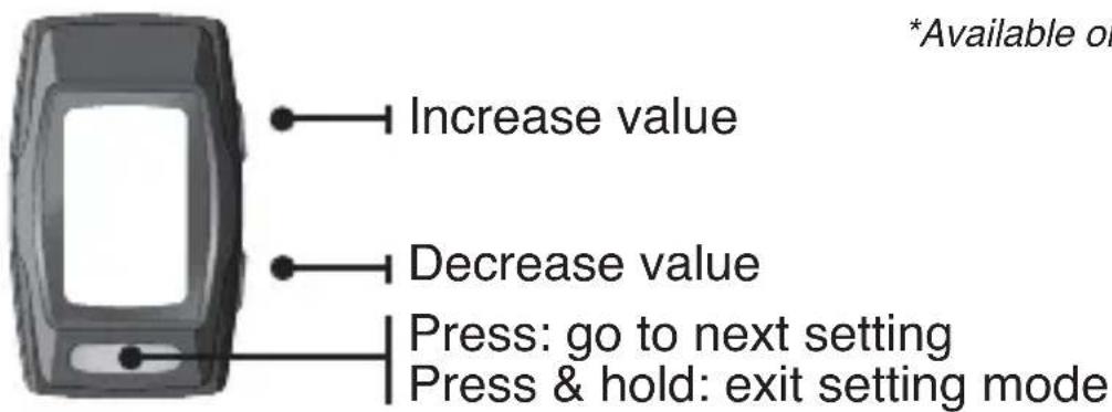Increase value Decrease value Press: go to next setting Press & hold: exit setting mode *Available on