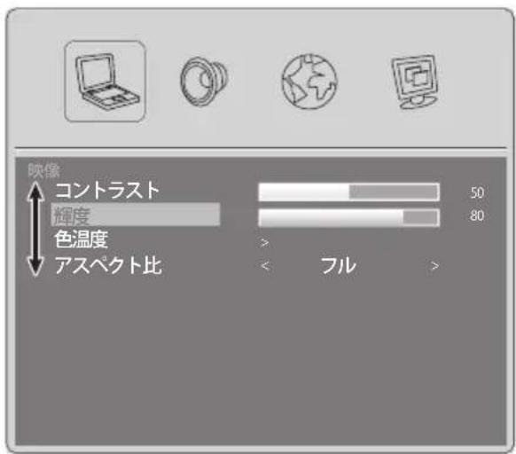 映像 コントラスト 輝度 色温度 アスペクト比 50 80 > < フル >
