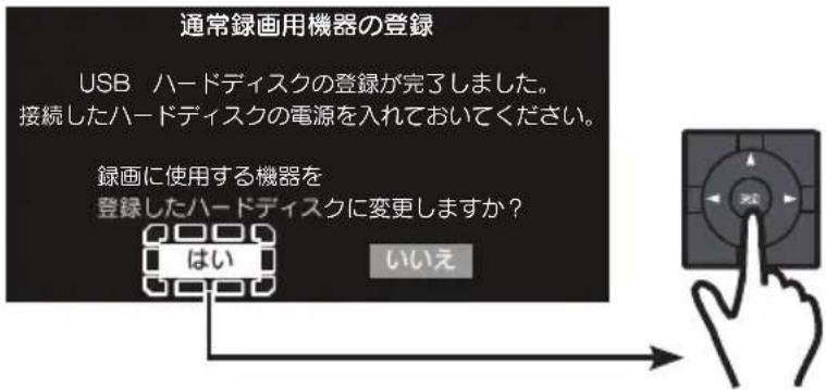 通常録画用機器の登録 USB ハードディスクの登録が完了しました。 接続したハードディスクの電源を入れておいてください。 録画に使用する機器を 登録したハードディスクに変更しますか? はい いいえ