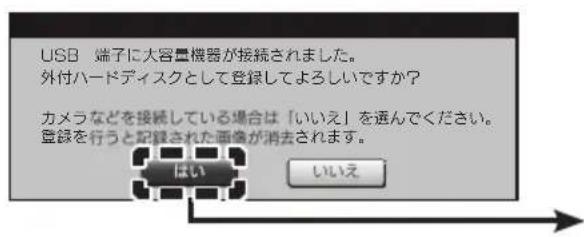 USB 端子に大容量機器が接続されました。 外付ハードディスクとして登録してよろしいですか? カメラなどを接続している場合は「いいえ」を通んでください。 登録を行うと記録された画像が消去されます。