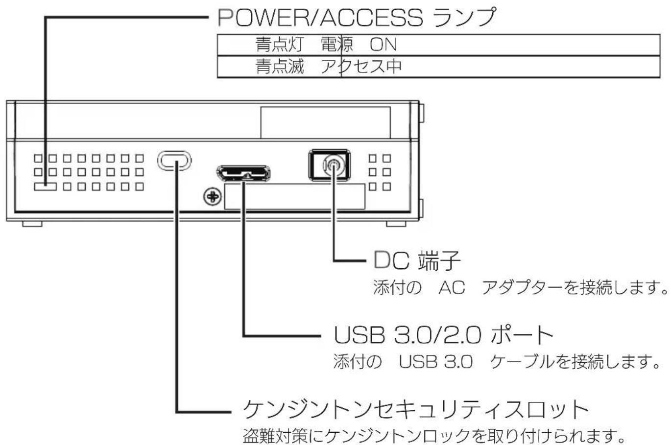 POWER/ACCESS ランプ 青点灯 電源 ON 青点滅 アクセス中 DC 端子 添付の AC アダプターを接続します。 USB 3.0/2.0 ポート 添付の USB 3.0 ケーブルを接続します。 ケンジントンセキュリティスロット 盗難対策にケンジントンロックを取り付けられます。