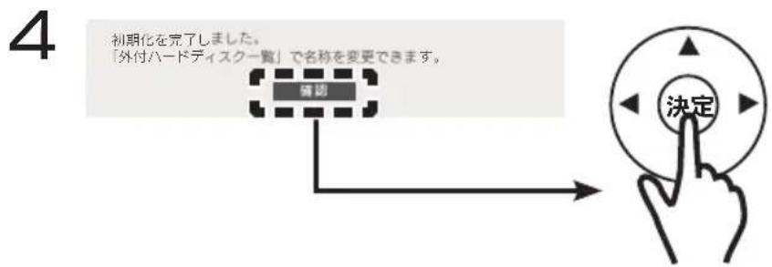 4 初期化を完了しました。 「外付ハードディスク一覧」で名称を変更できます。 確認 決定