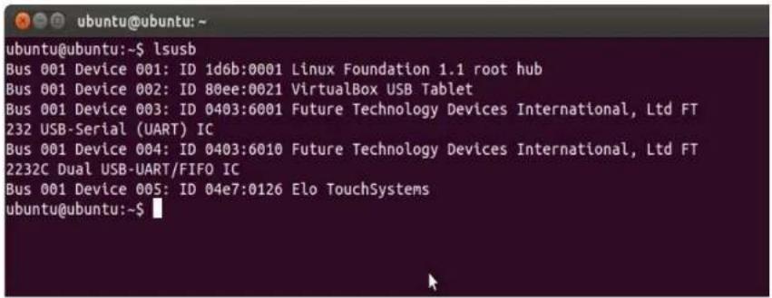 ubuntu@ubuntu:~ ubuntu@ubuntu:~$ lsusb Bus 001 Device 001: ID 1d6b:0001 Linux Foundation 1.1 root hub Bus 001 Device 002: ID 80ee:0021 VirtualBox USB Tablet Bus 001 Device 003: ID 0403:6001 Future Technology Devices International, Ltd FT 232 USB-Serial (UART) IC Bus 001 Device 004: ID 0403:6010 Future Technology Devices International, Ltd FT 2232C Dual USB-UART/FIFO IC Bus 001 Device 005: ID 04e7:0126 Elo TouchSystems ubuntu@ubuntu:~$