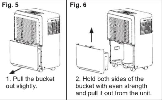 Fig. 5 1. Pull the bucket out slightly. Fig. 6 2. Hold both sides of the bucket with even strength and pull it out from the unit.