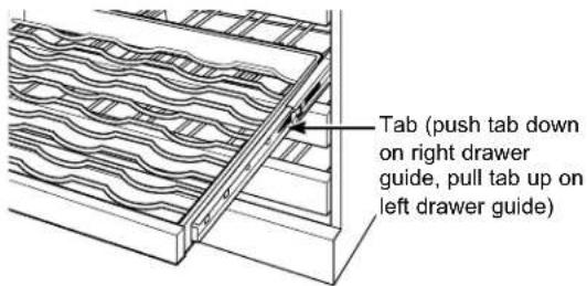 Tab (push tab down on right drawer guide, pull tab up on left drawer guide)