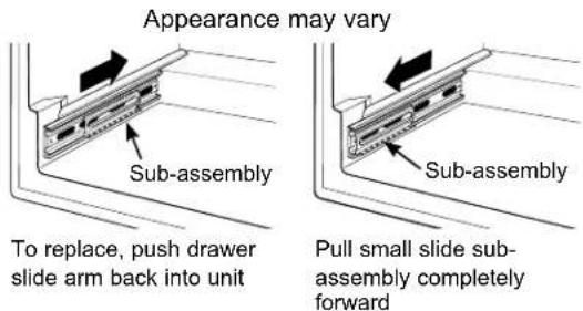 Appearance may vary Sub-assembly To replace, push drawer slide arm back into unit Sub-assembly Pull small slide sub- assembly completely forward
