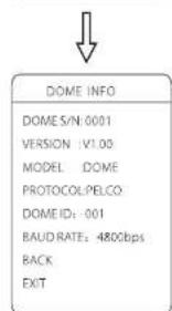 DOME INFO DOME S/N:0001 VERSION: V1.00 MODEL: DOME PROTOCOL:PELCO DOME ID: 001 BAUD RATE: 4800bps BACK EXIT