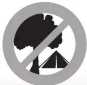 Prohibition symbol showing a tree with a crosshair and a mountain silhouette (no text or numbers).
