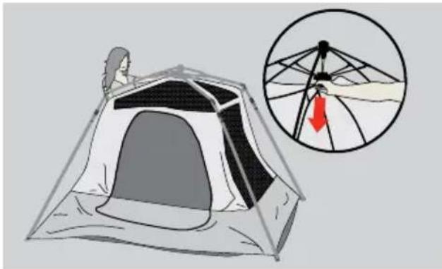 Illustration of a tent with a person standing on top, showing a magnified view of the structure, no text or symbols.