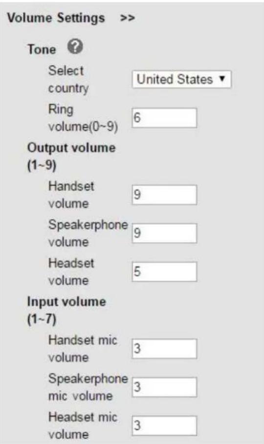 Volume Settings >> Tone ? Select country United States ▼ Ring volume(0~9) 6 Output volume (1~9) Handset volume 9 Speakerphone volume 9 Headset volume 5 Input volume (1~7) Handset mic volume 3 Speakerphone mic volume 3 Headset mic volume 3