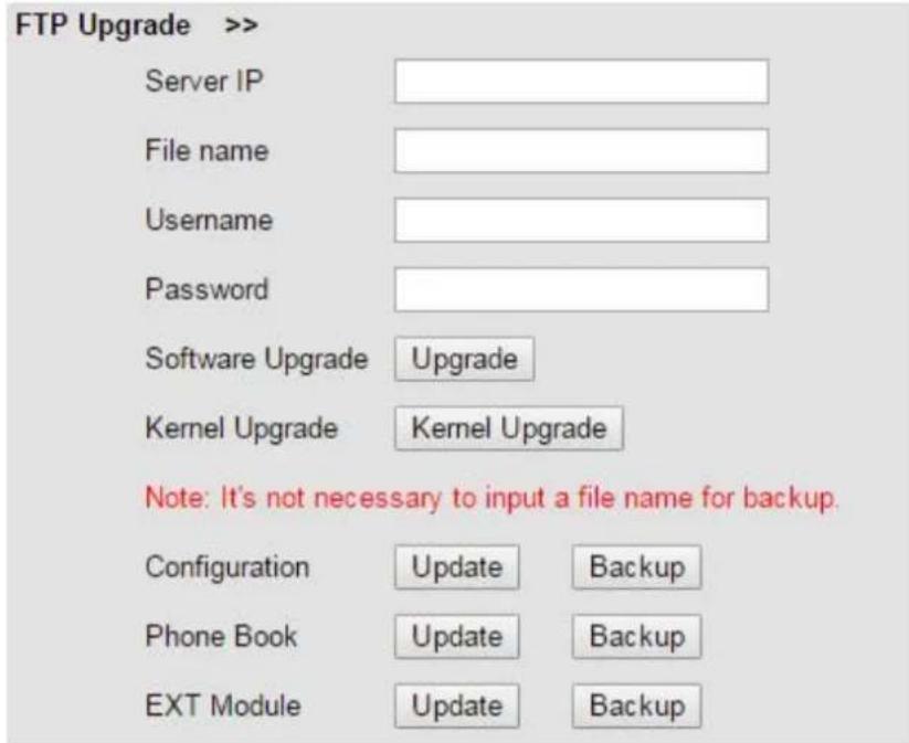 FTP Upgrade >> Server IP File name Username Password Software Upgrade Upgrade Kernel Upgrade Kernel Upgrade Note: It's not necessary to input a file name for backup. Configuration Update Backup Phone Book Update Backup EXT Module Update Backup