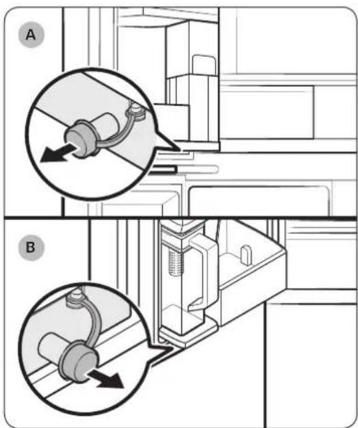 Technical diagram showing two mechanical assembly steps labeled A and B, with arrows indicating direction of movement.