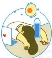 Illustration of a person sleeping with an apple and a bottle, no text or symbols present