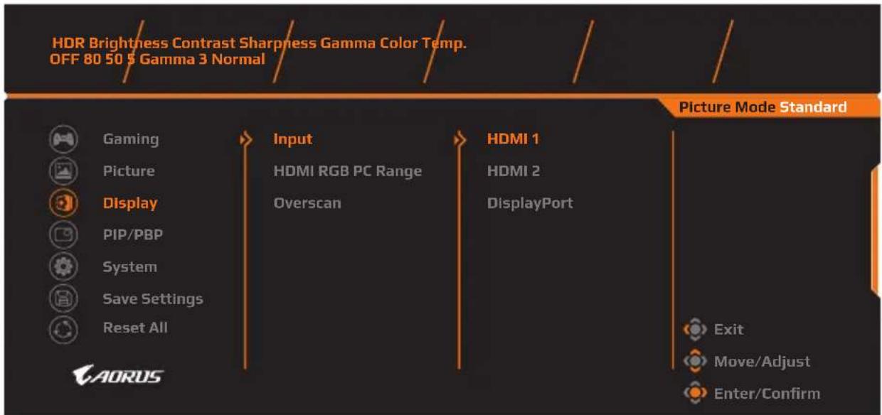 HDR Brightness Contrast Sharpness Gamma Color Temp. OFF 80 50 5 Gamma 3 Normal Picture Mode Standard Gaming Picture Display PIP/PBP System Save Settings Reset All AORUS Input HDMI RGB PC Range Overscan HDMI 1 HDMI 2 DisplayPort Exit Move/Adjust Enter/Confirm