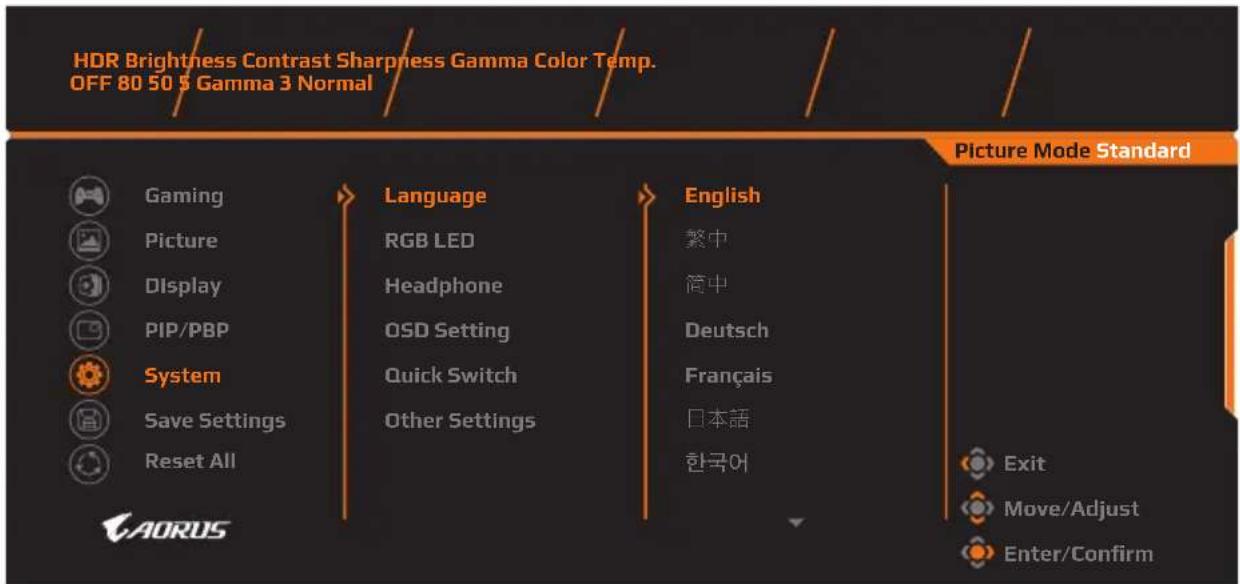 HDR Brightness Contrast Sharpness Gamma Color Temp. OFF 80 50 5 Gamma 3 Normal Picture Mode Standard Gaming Picture Display PIP/PBP System Save Settings Reset All Language RGB LED Headphone OSD Setting Quick Switch Other Settings English 繁中 简中 Deutsch Français 日本語 한국어 Exit Move/Adjust Enter/Confirm