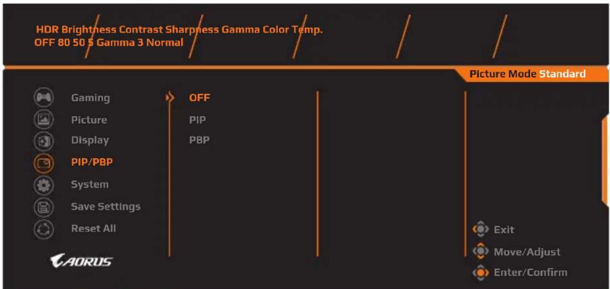 HDR Brightness Contrast Sharpness Gamma Color Temp. OFF 80 50 5 Gamma 3 Normal Picture Mode Standard Gaming Picture Display PIP/PBP System Save Settings Reset All AORUS OFF PIP PBP Exit Move/Adjust Enter/Confirm