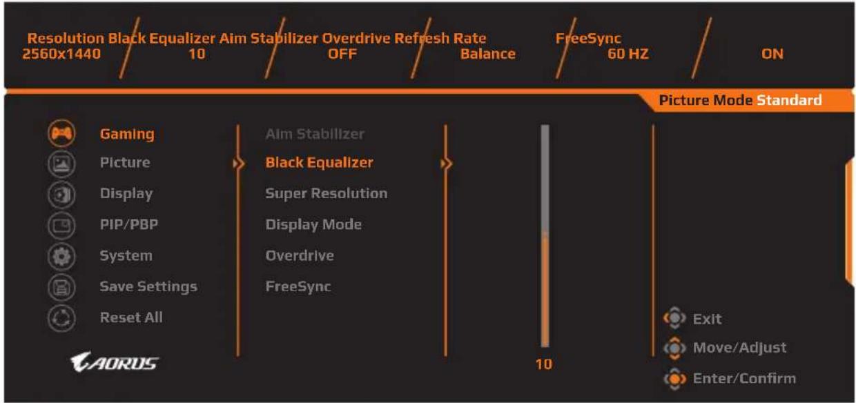 Resolution Black Equalizer Aim Stabilizer Overdrive Refresh Rate 2560x1440 10 OFF Balance FreeSync 60 Hz ON Picture Mode Standard Gaming Aim Stabilizer Picture Black Equalizer Display Super Resolution PIP/PBP Display Mode System Overdrive Save Settings FreeSync Reset All AORUS 10 Exit Move/Adjust Enter/Confirm