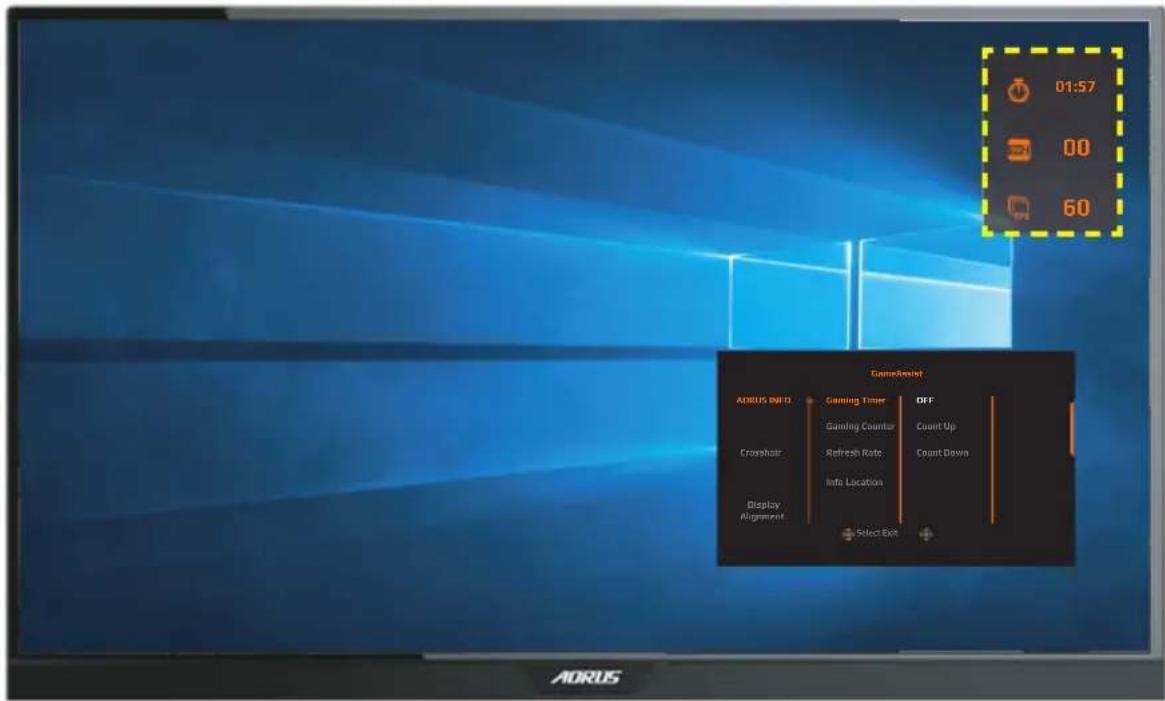 01:57 00 60 GameAssist AORUS INFO Gaming Timer OFF Gaming Counter Count Up Crosshair Refresh Rate Count Down Info Location Display Alignment Select Exit AORUS
