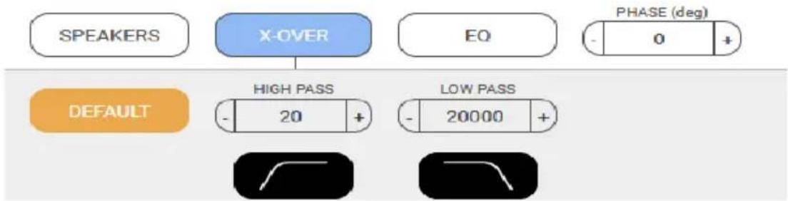 SPEAKERS X-OVER EQ PHASE (deg) - 0 + DEFAULT HIGH PASS - 20 + LOW PASS - 20000 +