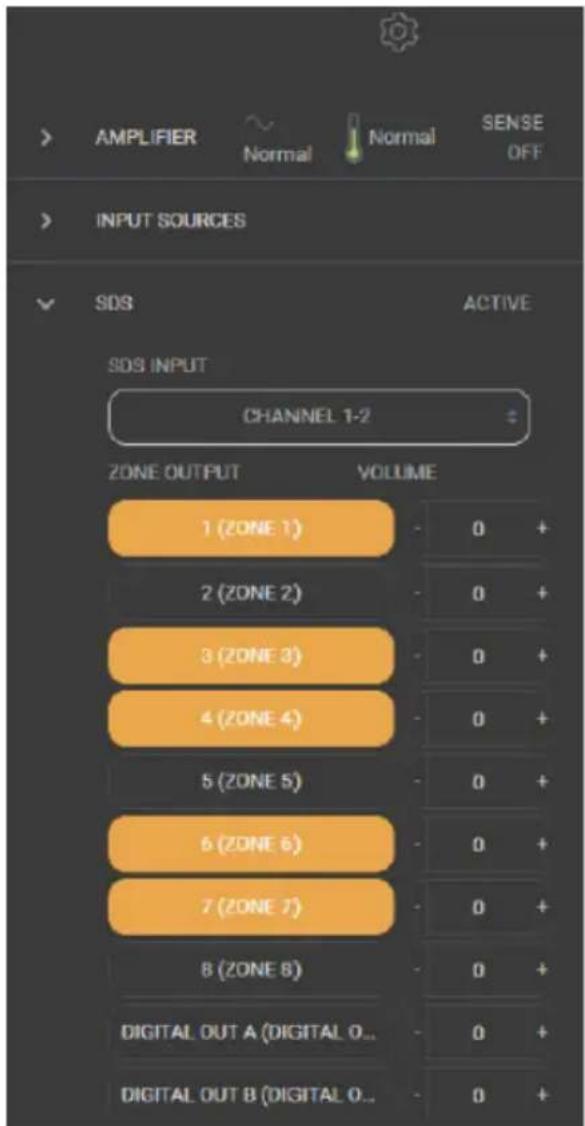 AMPLIFIER Normal Normal SENSE OFF INPUT SOURCES SDS ACTIVE SDS INPUT CHANNEL 1-2 ZONE OUTPUT VOLUME 1 (ZONE 1) 0 + 2 (ZONE 2) 0 + 3 (ZONE 3) 0 + 4 (ZONE 4) 0 + 5 (ZONE 5) 0 + 6 (ZONE 6) 0 + 7 (ZONE 7) 0 + 8 (ZONE 8) 0 + DIGITAL OUT A (DIGITAL O... 0 + DIGITAL OUT B (DIGITAL O...