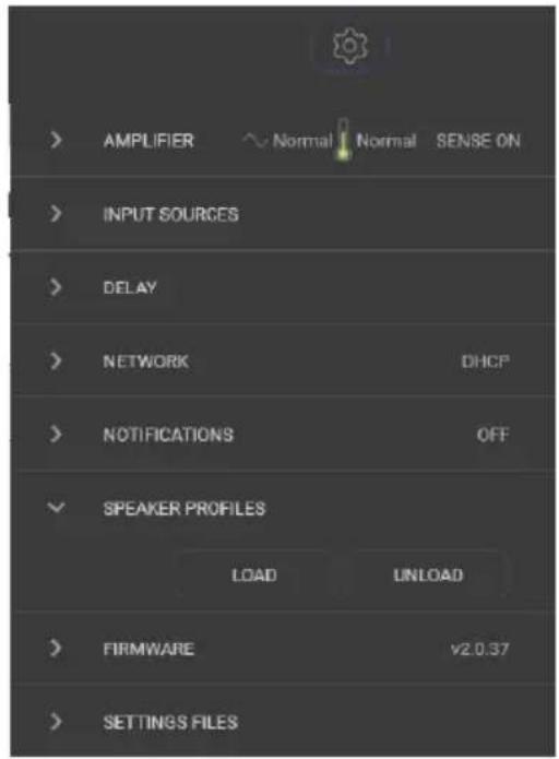 AMPLIFIER Normal Normal SENSE ON INPUT SOURCES DELAY NETWORK DHCP NOTIFICATIONS OFF SPEAKER PROFILES LOAD UNLOAD FIRMWARE v2.0.37 SETTINGS FILES
