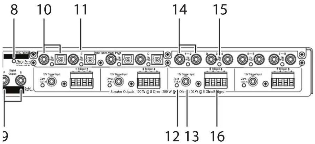 8 10 11 14 15 MAC Adrenal Engine Master Sensor Audio & Schematic Signal Control A Digital Output B Serial Number 1 Trigger 2 12V Trigger Input Zone Status 3 Trigger 4 12V Trigger Input Zone Status 5 Trigger 4 12V Trigger Input Zone Status 7 Trigger 8 Speaker Outputs: 100 W @ 8 Ohm : 200 W @ 1 Ohm 400 W @ 8 Ohm Bridged 9 12 13 16