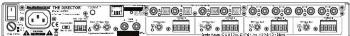 THE DIRECTOR® Rear 120000000 CE 1200000000 1200000000 Speaker Outputs: 100 V dB @ 3 Chm; 250 V dB @ 4 Chm; 450 V dB @ 6 Chm Elotted