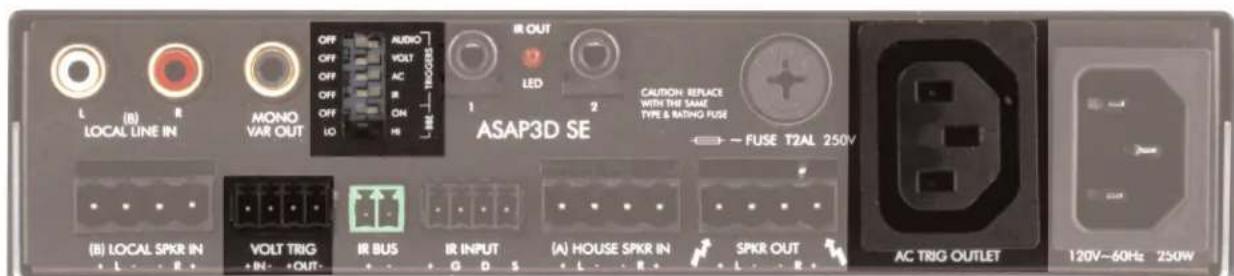 L (B) R LOCAL LINE IN MONO VAR OUT OFF OFF OFF OFF OFF IO AUDIO VOLT AC ON TRIORS 1 2 LED ASAP3D SE CAUTION: REPLACE WITH THE SAME TYPE & RATING FUSE → FUSE T2AL 250V (B) LOCAL SPKR IN + L - R + VOLT TRIG + IN - +OUT - IR BUS + - IR INPUT + G D S (A) HOUSE SPKR IN + L - R + SPKR OUT + L - R + AC TRIG OUTLET 120V~60Hz 250W