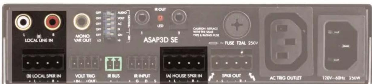 LOCAL LINE IN B) (B) MONO VAR OUT OFF OFF OFF OFF OFF 10 AUDIO VOLT AC ON H TPOORS IR OUT LED 1 2 ASAP3D SE CAUTION: REPLACE WITH THE SAME TYPE & RATING FUSE → FUSE T2AL 250V (B) LOCAL SPKR IN + L - R + VOLT TRIG + IN - +OUT - IR BUS + G D S IR INPUT (A) HOUSE SPKR IN + L - R + SPKR OUT + L - R + AC TRIG OUTLET 120V~60Hz 250W