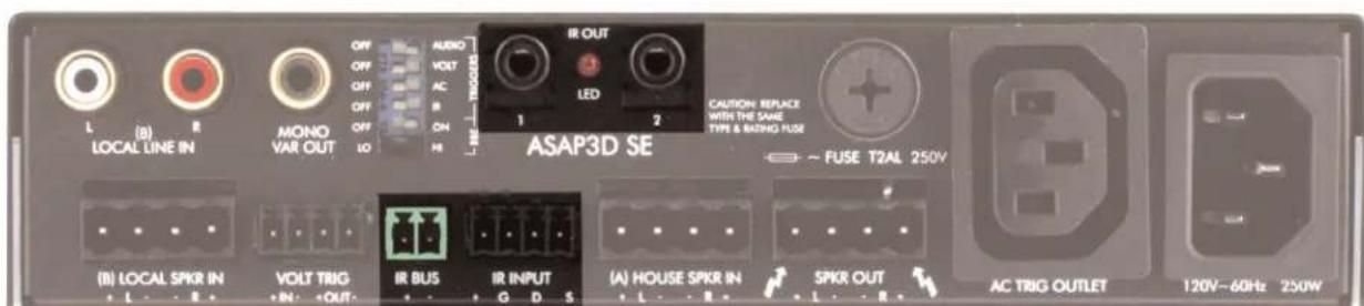L (B) R LOCAL LINE IN MONO VAR OUT OFF OFF OFF OFF OFF OFF LO AUDIO VOLT AC R ON H IR OUT LED 1 2 ASAP3D SE CAUTION: REPLACE WITH THE SAME TYPE & BATHO FUSE FUSE T2AL 250V (B) LOCAL SPKR IN + L - R - VOLT TRIG + IN - +OUT - IR BUS + G D S - IR INPUT (A) HOUSE SPKR IN + L - R - SPKR OUT + L - R - AC TRIG OUTLET 120V~60Hz 250W