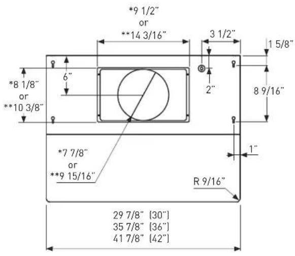 *9 1/2" or **14 3/16" 3 1/2" 1 5/8" *8 1/8" or **10 3/8" 6" 2" 8 9/16" *7 7/8" or **9 15/16" 1" R 9/16" 29 7/8" [30"] 35 7/8" [36"] 41 7/8" [42"]