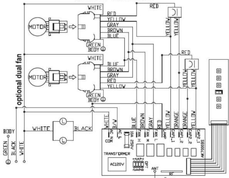 optional dual fan BODY GREEN BLACK WHITE WHITE L L WHITE R/W COM AC120V TRANSFORMER AC120V RED YELLOW YELLOW RED YELLOW YELLOW GREEN BODY WHITE BLUE BROWN GRAY RED YELLOW GREEN BODY WHITE L L WHITE R/W COM AC120V ANT RF CAP1-1 CAP1-2 CAP2-1 CAP2-2 CAP2-3 SB000/AV
