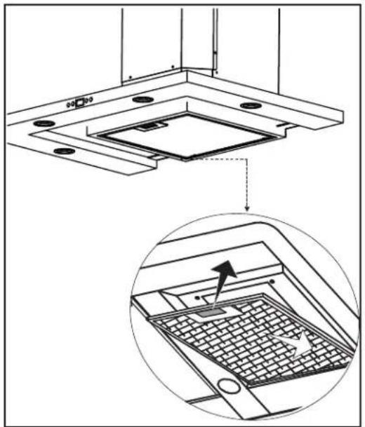 Technical diagram showing a ceiling structure with mounting holes and an inset view of the internal grid layout.