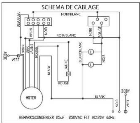 SCHEMA DE CABLAGE NOIR/BLANC NOIR/BLANC NOIR ROUGE BRUN GRIS AUNE KOLGE BLANC AUNE ROUGE MOTOR REMARKS/CONDENSER 25uF 250VAC FIT AC120V 60Hz BODY VEIT NOIR RUB BUREAU BODY VEIT